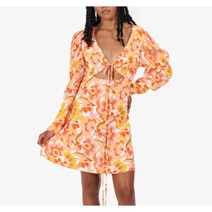 NWT AFRM Retro Long Sleeve Mini Dress Size Medium Cutout Groovy 70s Loose